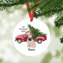Load image into Gallery viewer, Puggle (Pug/Beagle mix) puppy ornament personalized