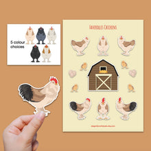 Load image into Gallery viewer, Faverolles chicken sticker set - chicken sticker sheets - chicken breed stickers