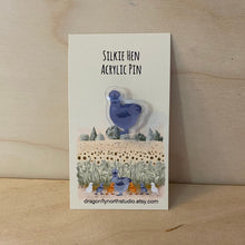 Load image into Gallery viewer, Silkie hen acrylic pin (lavender)