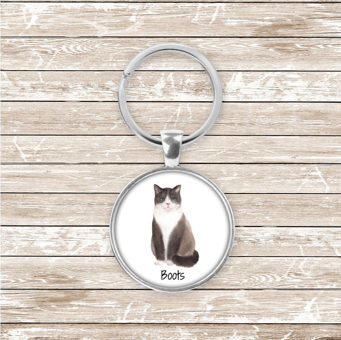 Black and white domestic shorthair cat keychain personalized