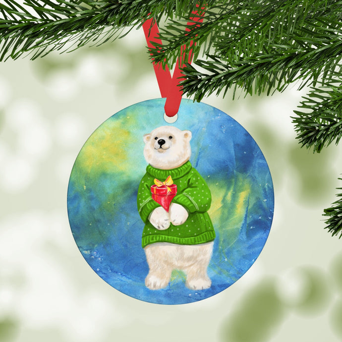 Polar Bear in Green Sweater Ornament