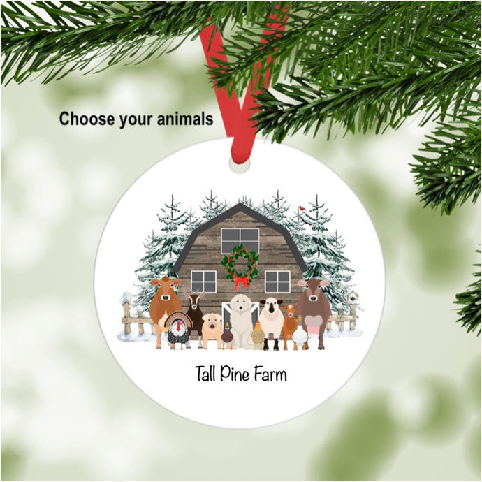 Farm Christmas Ornament (brown barn with snow) personalized