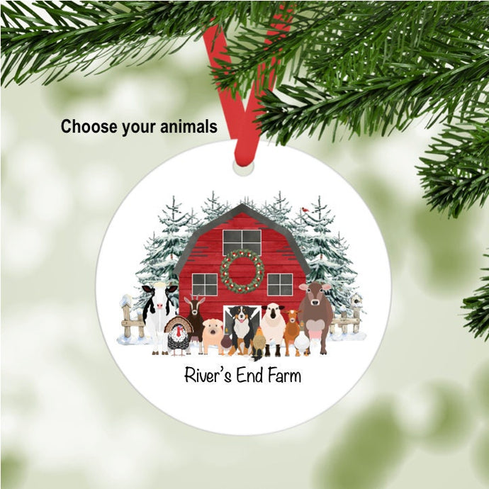 Farm Christmas Ornament (red barn with snow) personalized