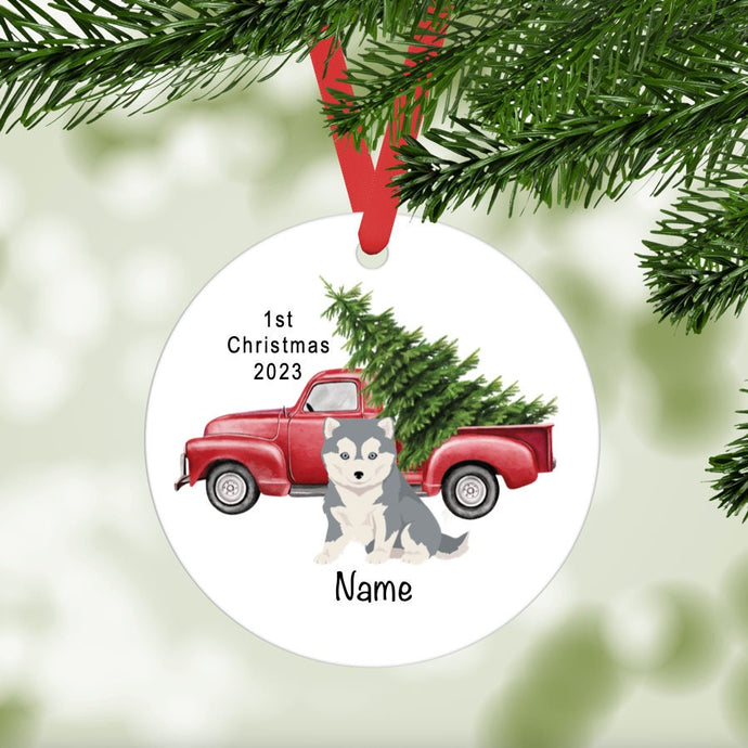 Pomsky (Pomeranian/Husky mix) puppy ornament personalized