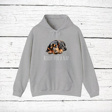 Load image into Gallery viewer, Black and Tan Coonhound "Ready for a Nap" Hooded Sweatshirt
