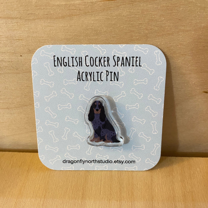 English Cocker Spaniel acrylic pin (blue roan and tan)